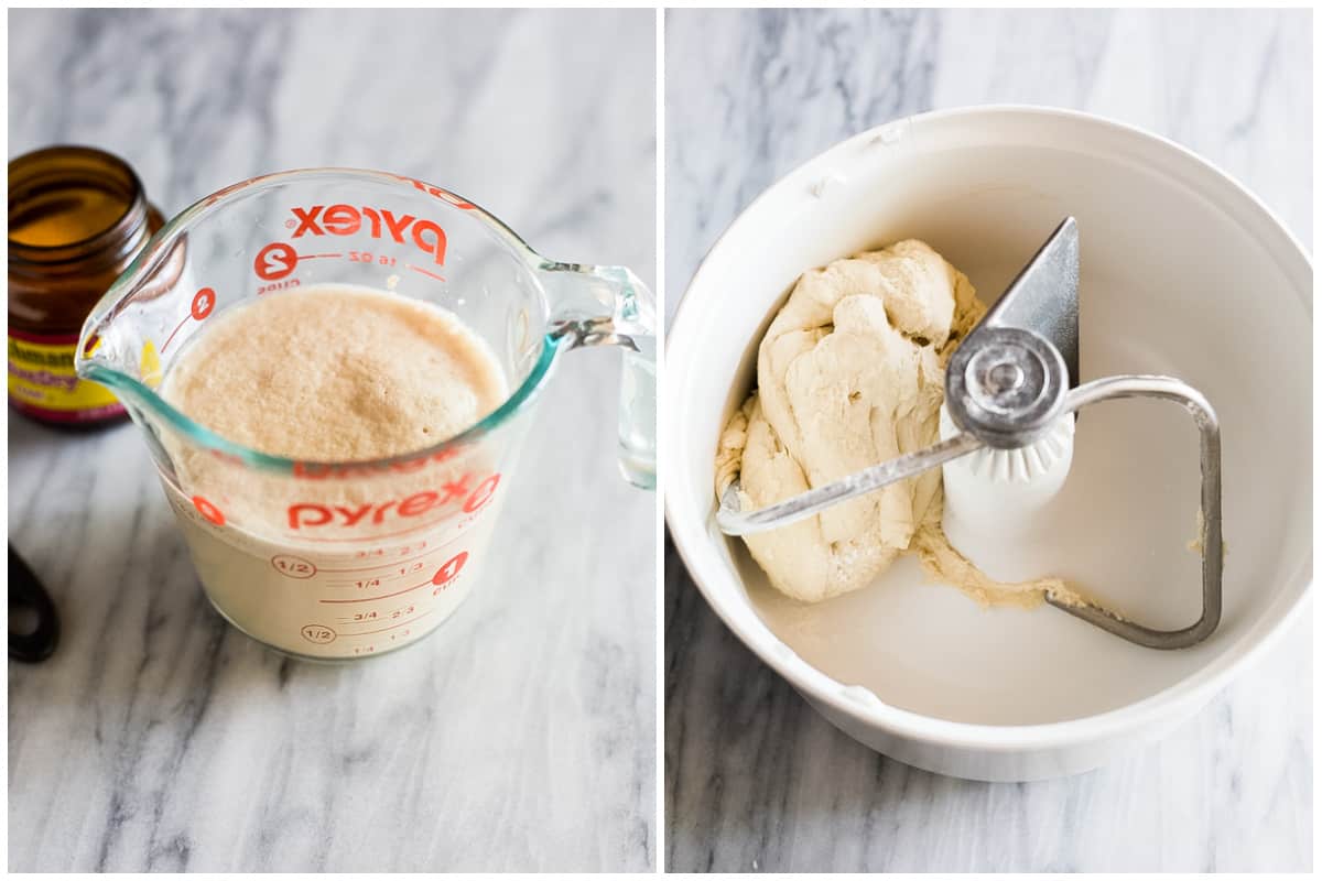 Two images showing yeast proofing in a glass pyrex measuring cup, then dough being mixed in a bosch mixer.