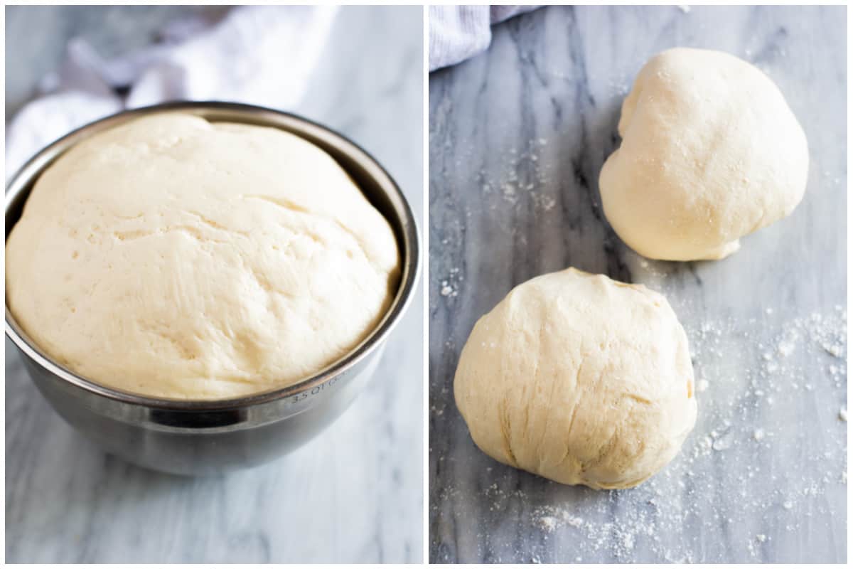 Two images with a stainless steel bowl filled with pizza dough, then the dough separated into two balls for the best pizza dough recipe.