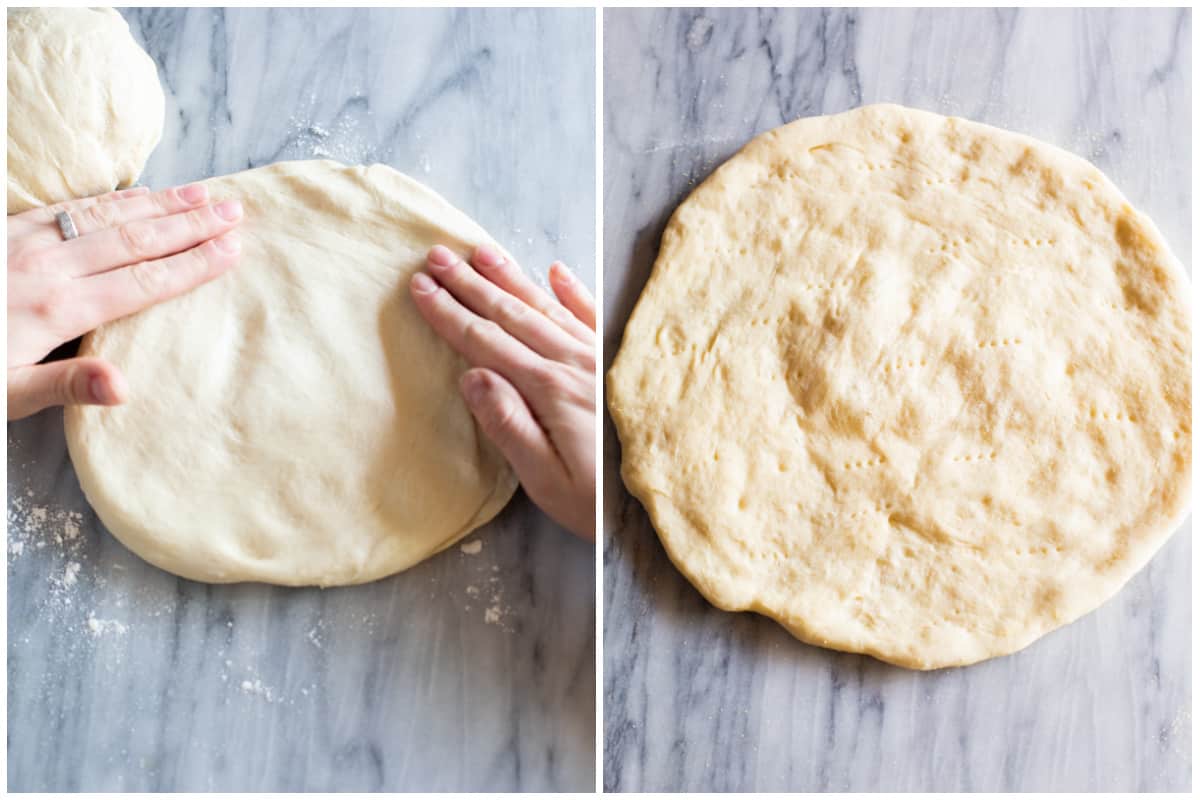 Hands stretching pizza dough into a circle shape, then the easy pizza dough pricked with a fork.