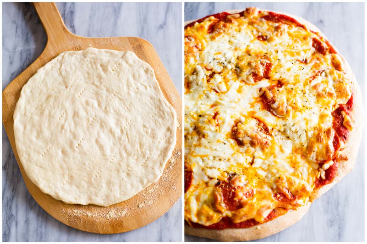 Pizza dough being pre-baked on a wooden pizza peel, then a finished pepperoni pizza ready to enjoy.