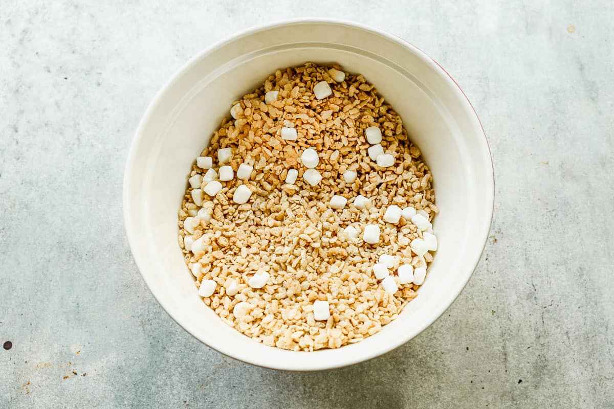 A bowl of crispy rice cereal and some mini marshmallows to make gooey Rice Krispie Treats.