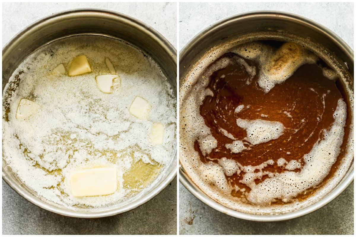Two images, one with butter almost completely melted in a large pot, and the other with the butter brown and carmelized.