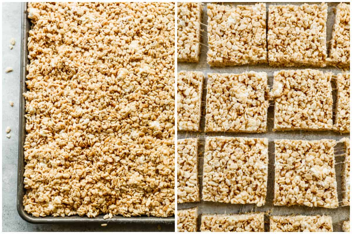 Two images showing a homemade Rice Krispie Treats recipe pressed into a baking sheet, then the squares cut and ready to serve.