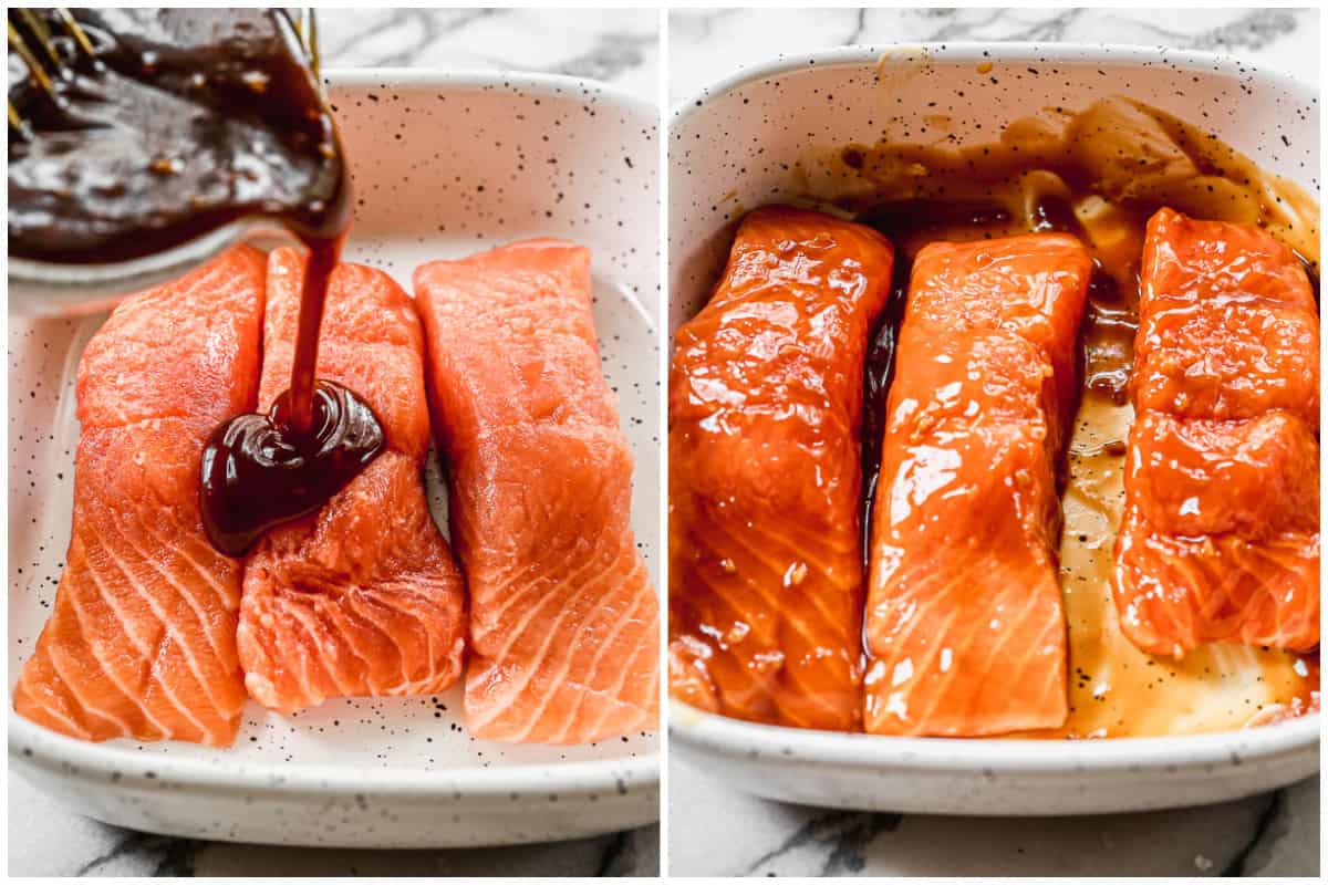 Two images showing easy teriyaki sauce being poured on top of three salmon fillets, then the fillets with the sauce on them.