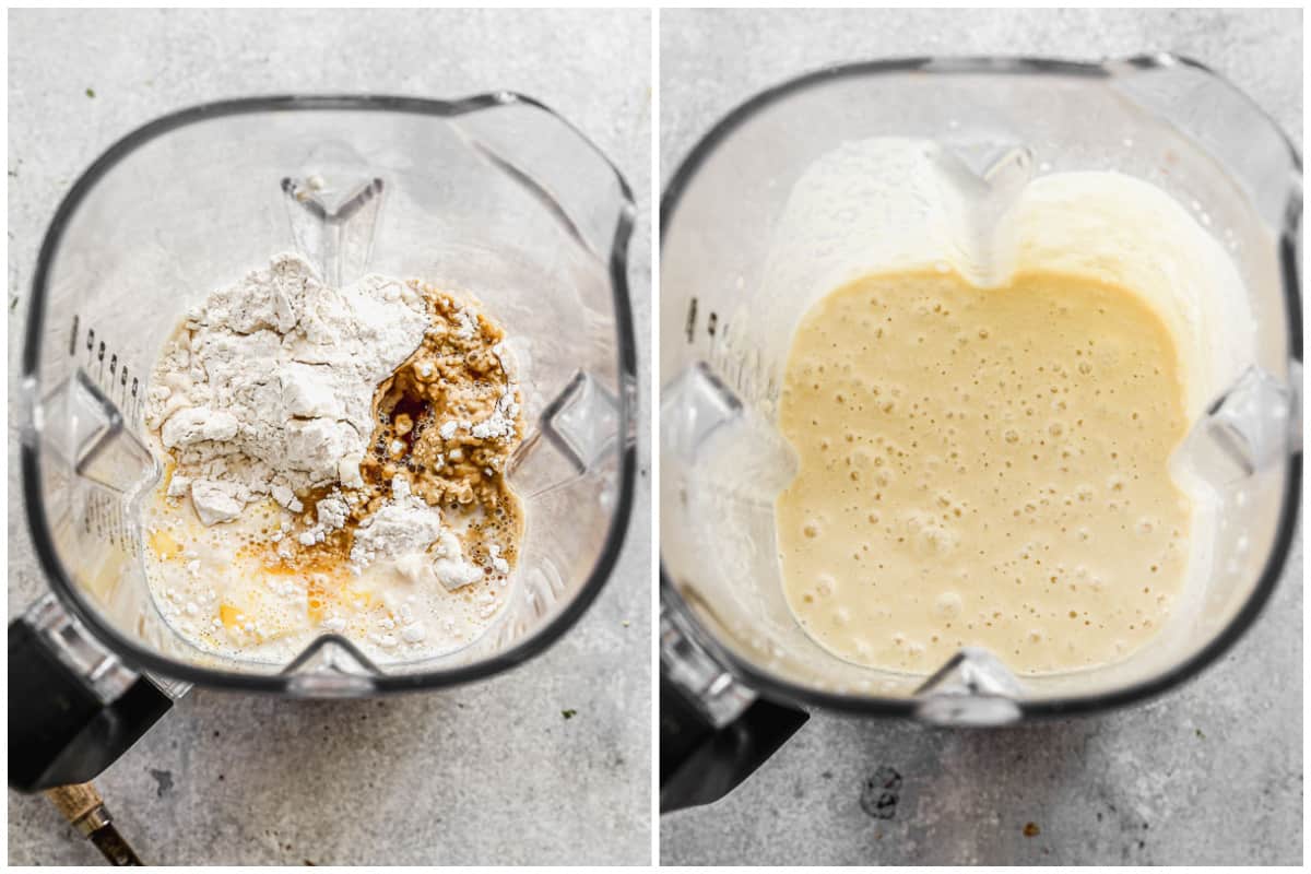 Two images showing all the ingredients for a crepe batter in a blender, and then the batter after it's blended. 