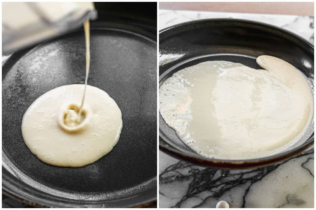 Two images showing crepe batter being poured into a hot skillet, then the batter being swirled around to make a crepe.