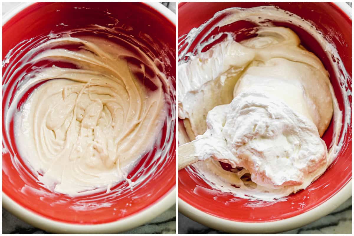 Two images showing how to make a cream filling for crepes. The first bowl has cream cheese, powdered sugar, and vanilla combined, then the whipped cream is being folded into it.