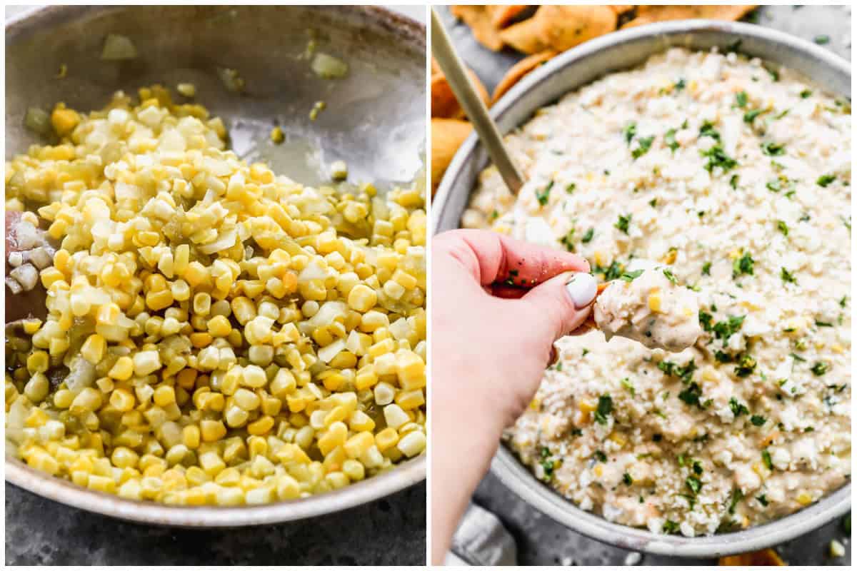 Two images showing how to make an elote dip recipe by sautéing corn and green chiles then after it's combined with a creamy sauce and scooped up with a frito chip.