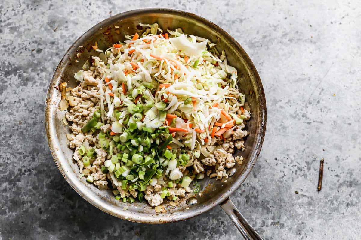 Ground chicken with shredded carrots, cabbage, and green onions dumped on top. 
