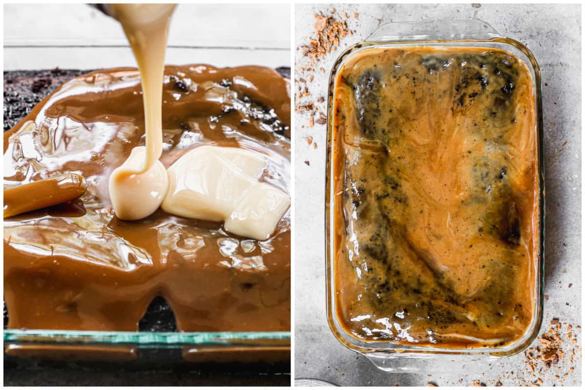 Two images showing caramel sauce and sweetened condensed milk being poured on a chocolate cake, and then the cake wiht the sauces on it.