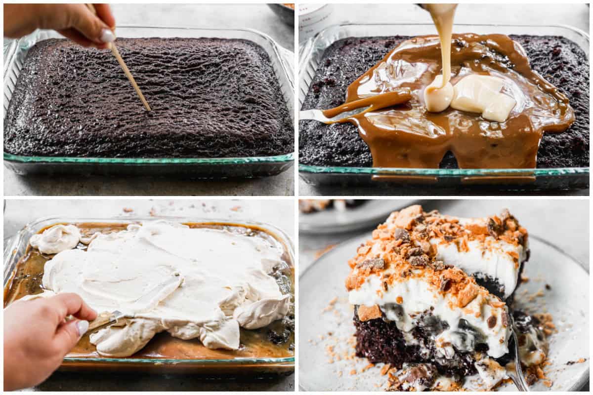 This easy Butterfinger Cake recipe disappears instantly. It has a moist caramel and sweetened condensed milk infused chocolate cake then topped with a light and fluffy peanut butter whipped cream and crushed butterfinger candy bar. It's actually so simple to make!