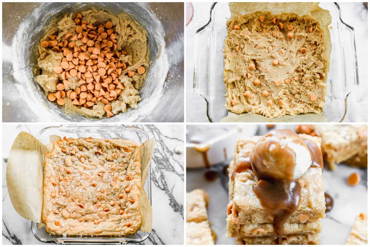 These Butterscotch Bars are made easily with a delicious cookie dough with butterscotch chips and a quick, homemade butterscotch sauce to serve it with.