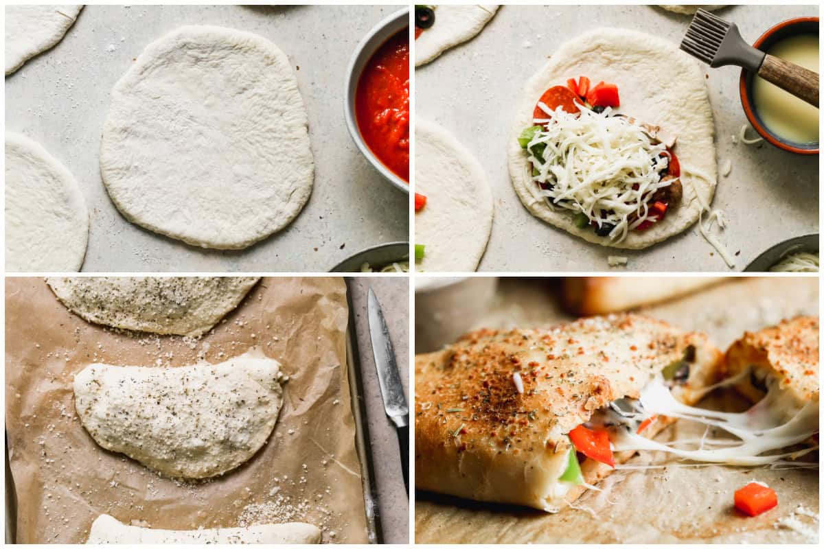 Four process photos for making calzones.