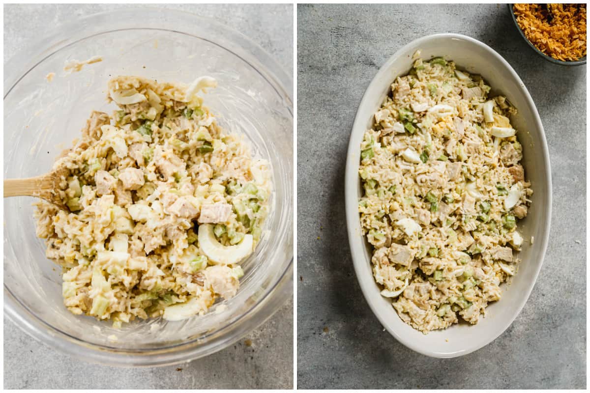 Two images showing chicken, mayonnaise, celery, rice, almonds, and boiled eggs mixed in a creamy sauce in a glass bowl, and then transferred to an oval baking dish for the best Chicken Casserole recipe.
