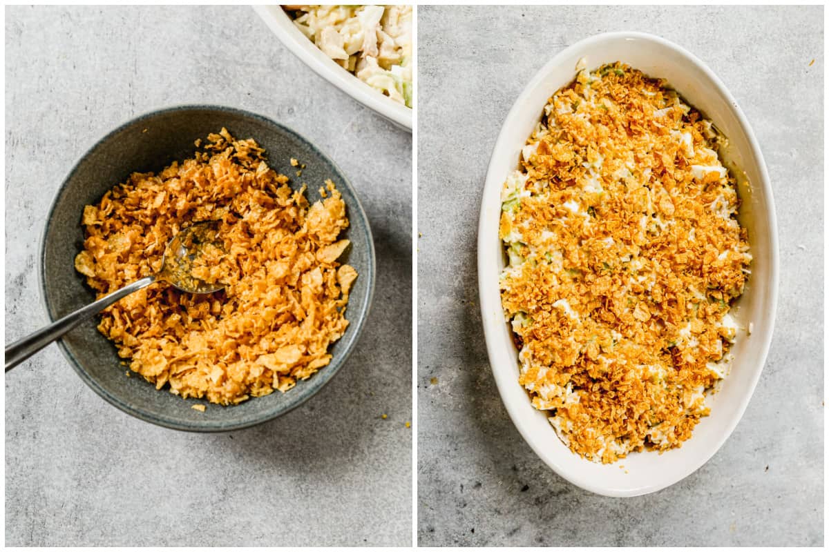 Two images showing a small bowl with crushed cornflakes and melted butter mixed together, and then the crunchy topping on top of a chicken casserole in a baking dish.