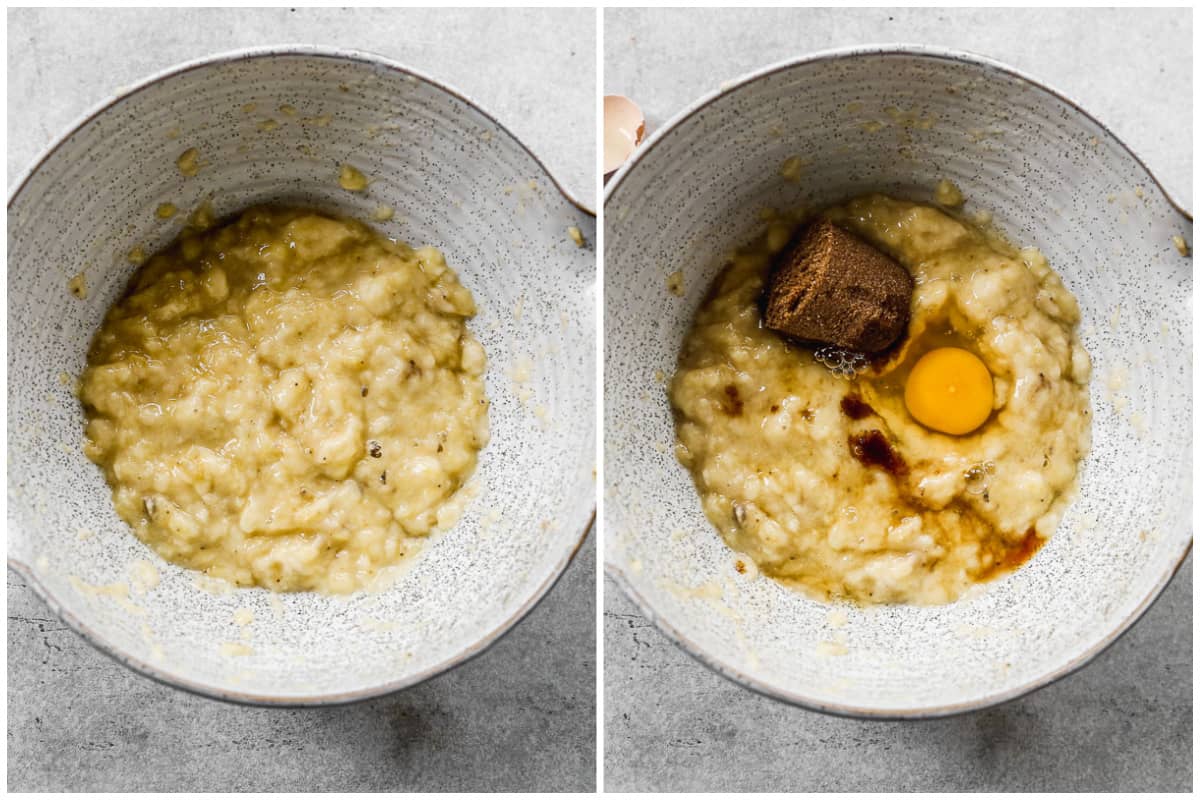 Two images showing mashed bananas and then an egg, vanilla, brown sugar, granulated sugar, and cinnamon added for the best Chocolate Banana Bread recipe.