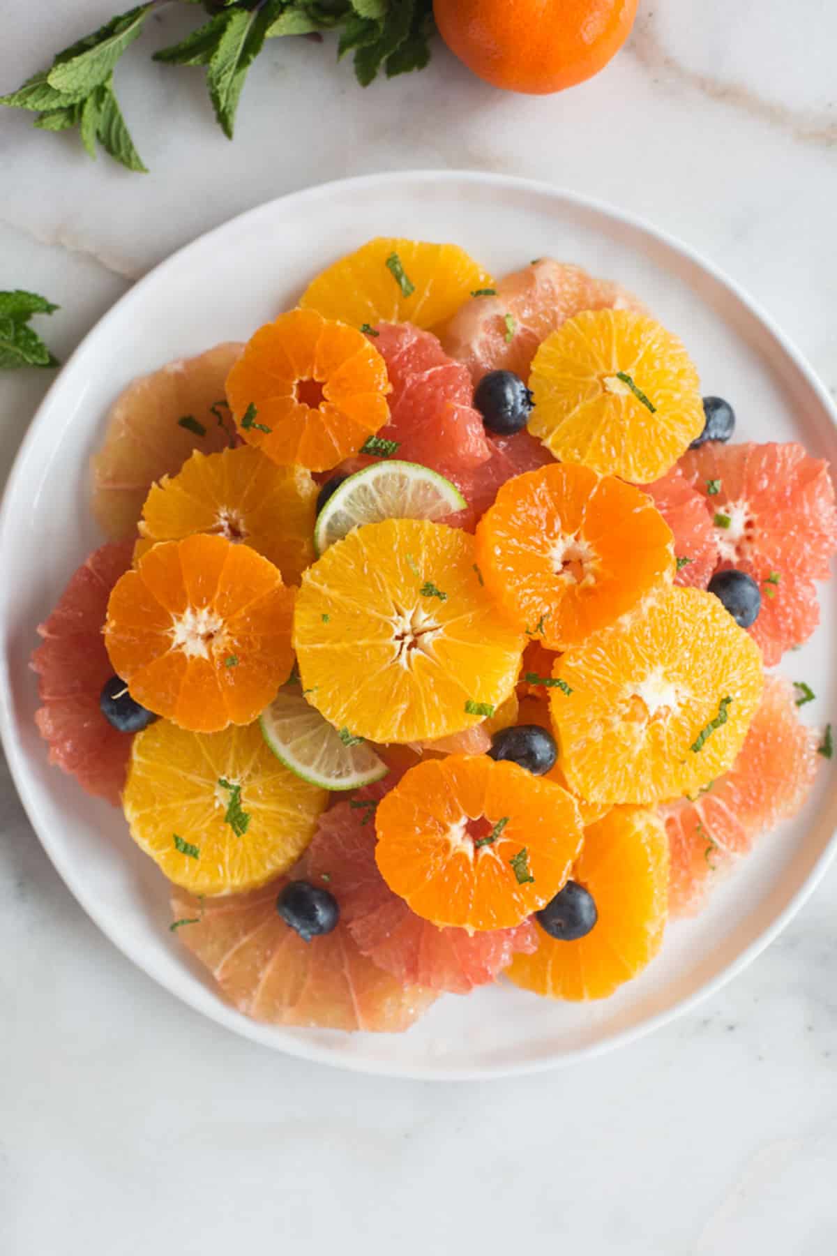 A white plate filled with layered slices of citrus fruits including ornages, grapefruit, and clementines. Topped with blueberries, slices of lime, and fresh mint.