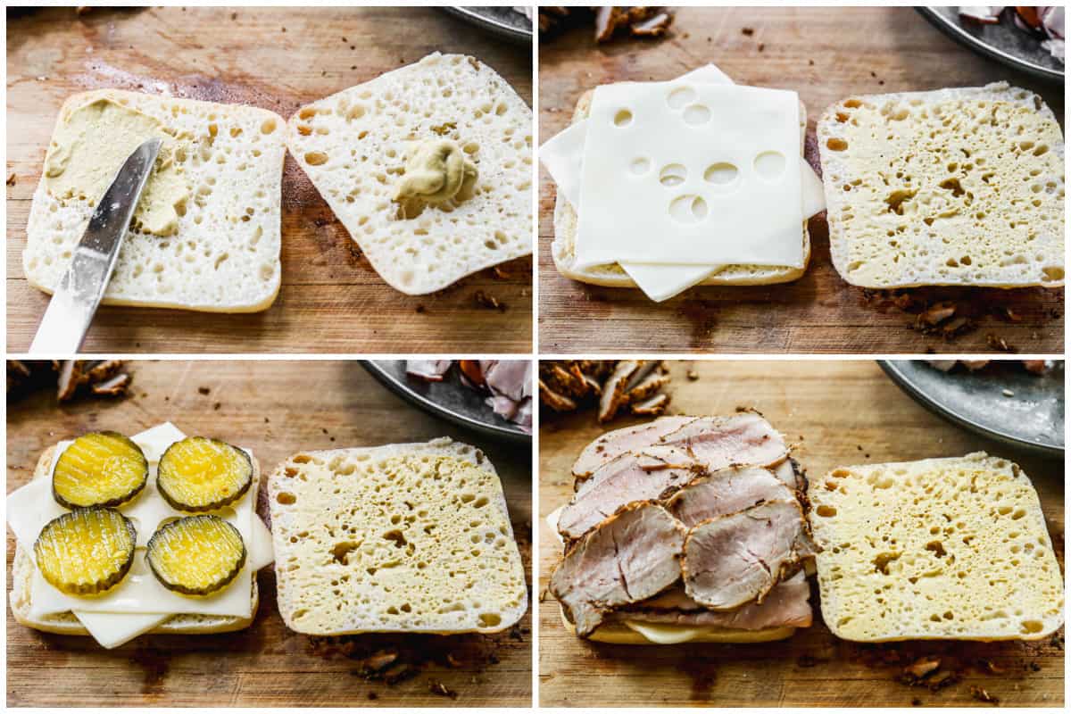 Four images in a collage showing how to assemble the best Cuban Sandwich with mustard, cheese, pickles, and pork tenderloin.