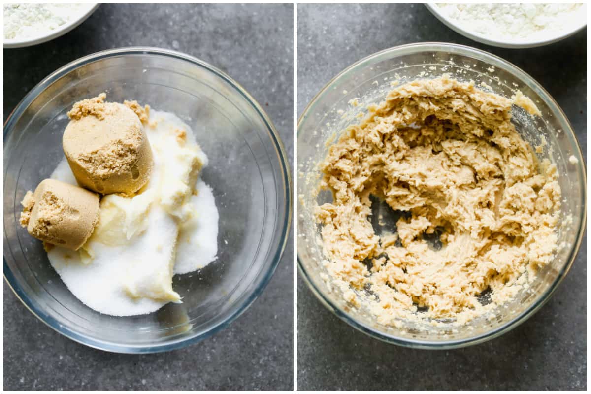 Two images showing butter, brown sugar, and granulated sugar in a glass mixing bowl, and then after it's creamed together.
