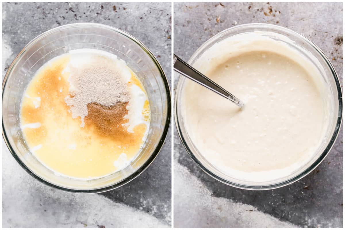Two images showing yeast, milk, honey, egg, butter, salt, and 1 cup flour in a mixing bowl before and after it's stirred.