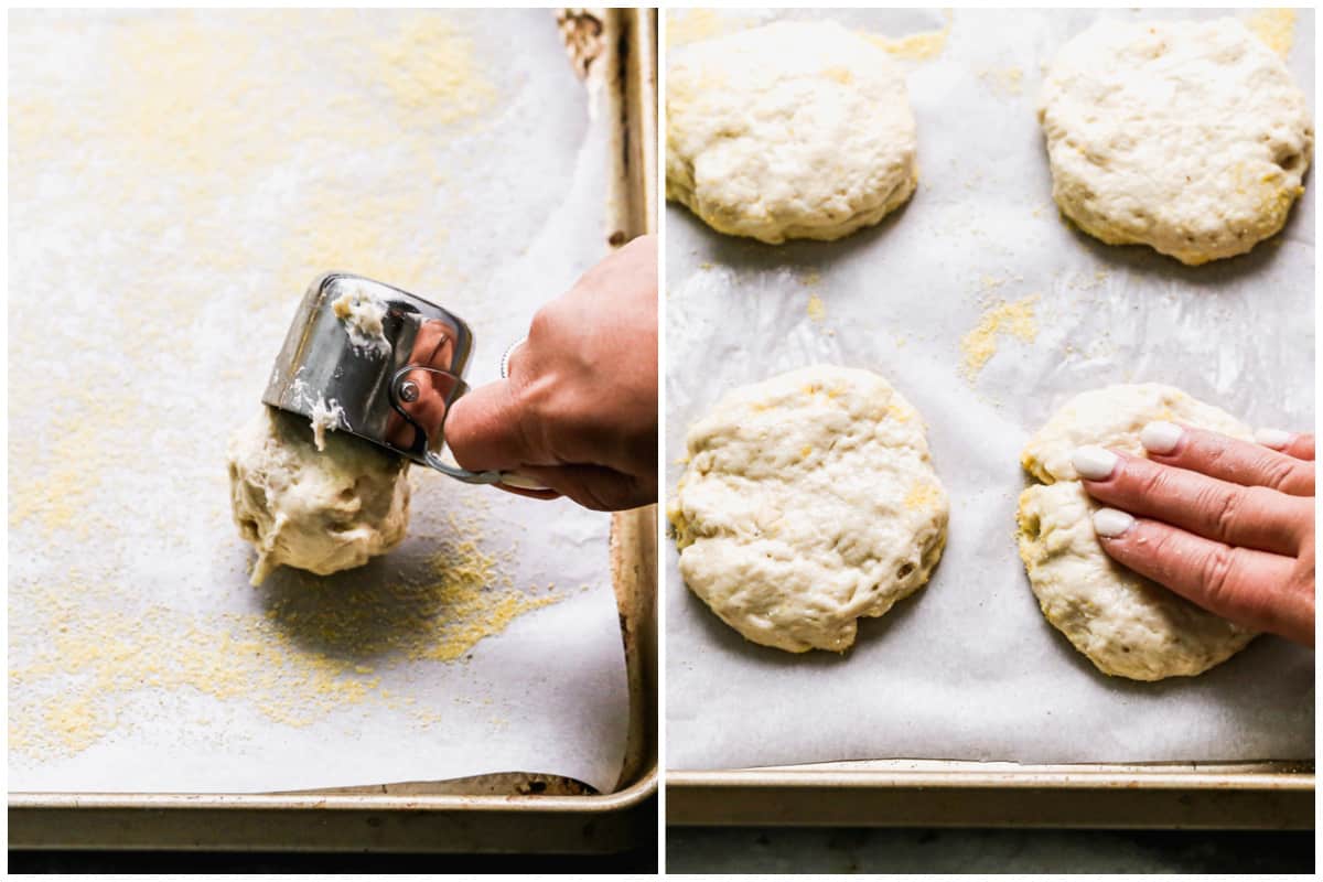 Two images showing the process of scooping and flattening the dough to shape homemade English Muffins.
