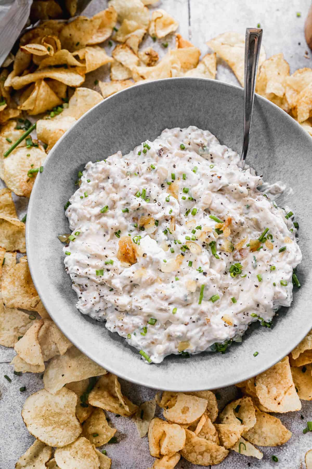 A homemade French Onion Dip with caramelized onions in a bowl and ready to enjoy with potato chips.