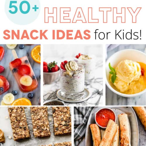 A collage image highlighting healthy snacks for kids.