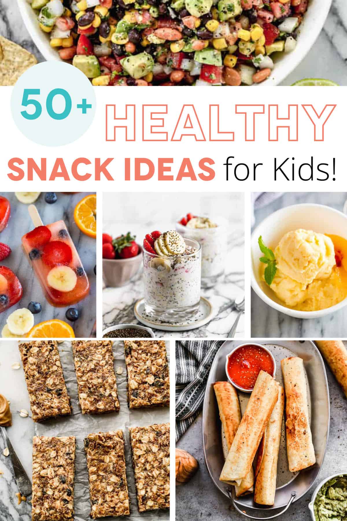 A collage image highlighting a variety of different healthy snack ideas for kids. 