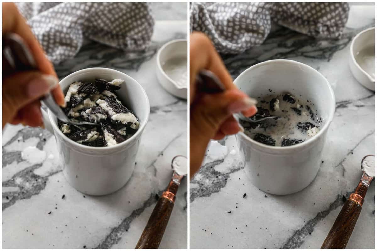 Two process photos for mixing Oreo mug cake in a mug.
