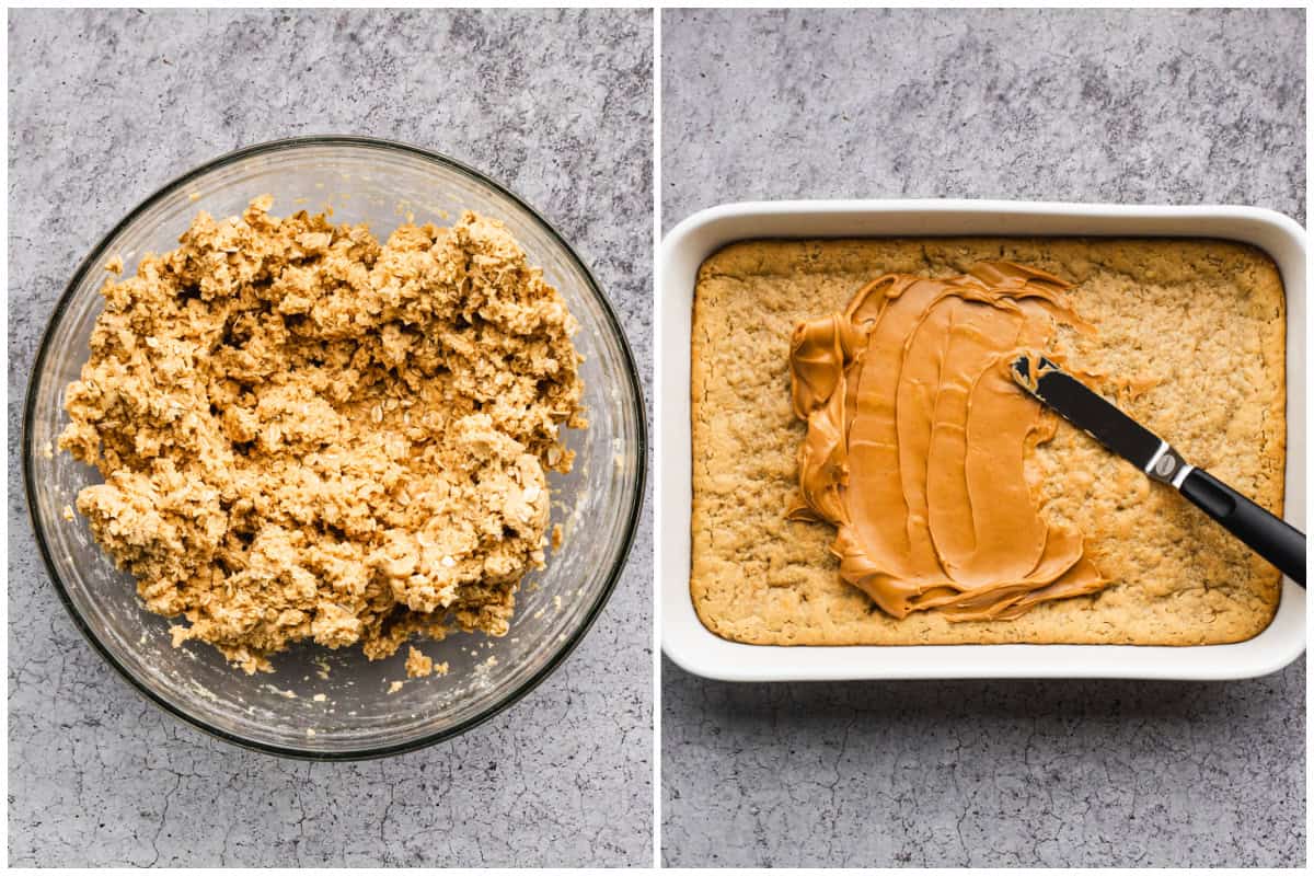 Two images showing lunch lady peanut butter bars cookie dough, then after they are baked and peanut butter is being spread on top. 