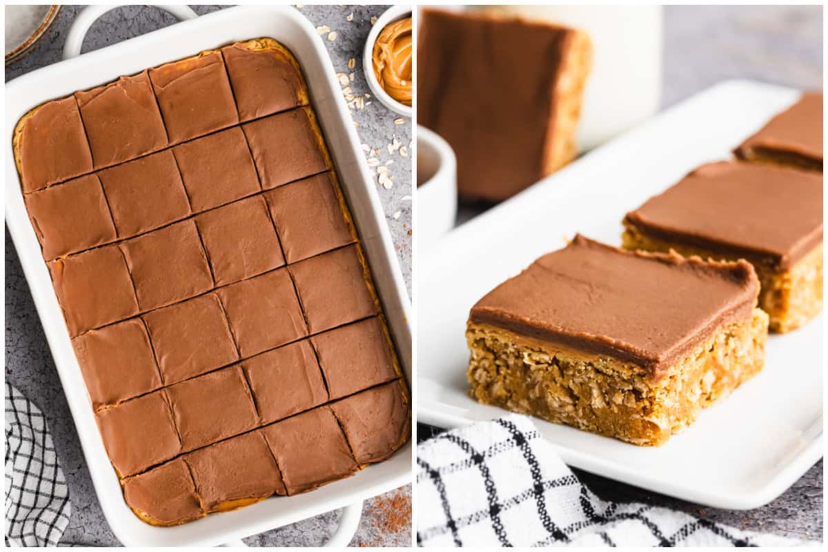Two images showing chocolate peanut butter bars cut into squares then a few served on a platter. 