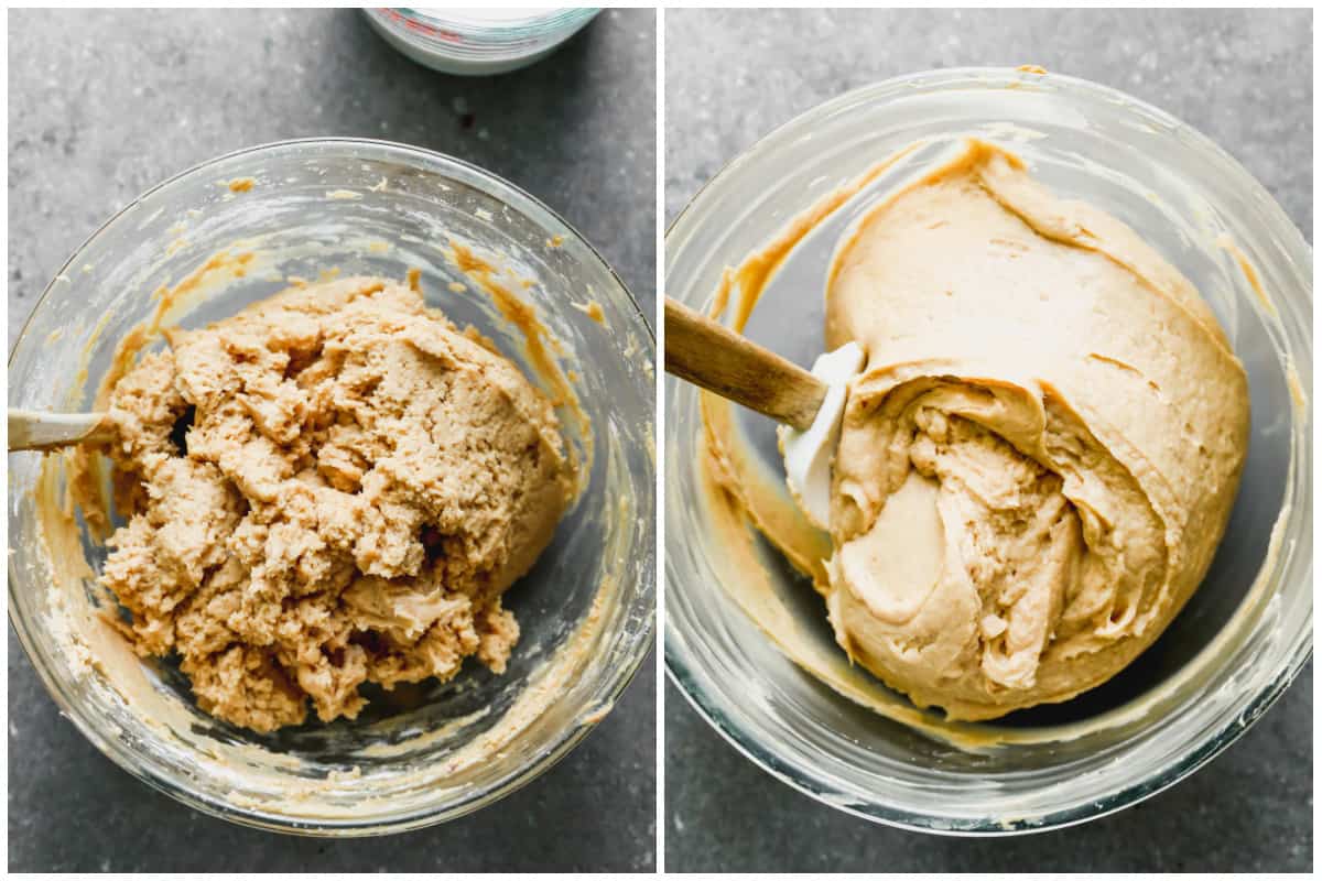Two images showing the cream cheese peanut butter filling for an easy Peanut Butter Pie before and after whipped cream is added.