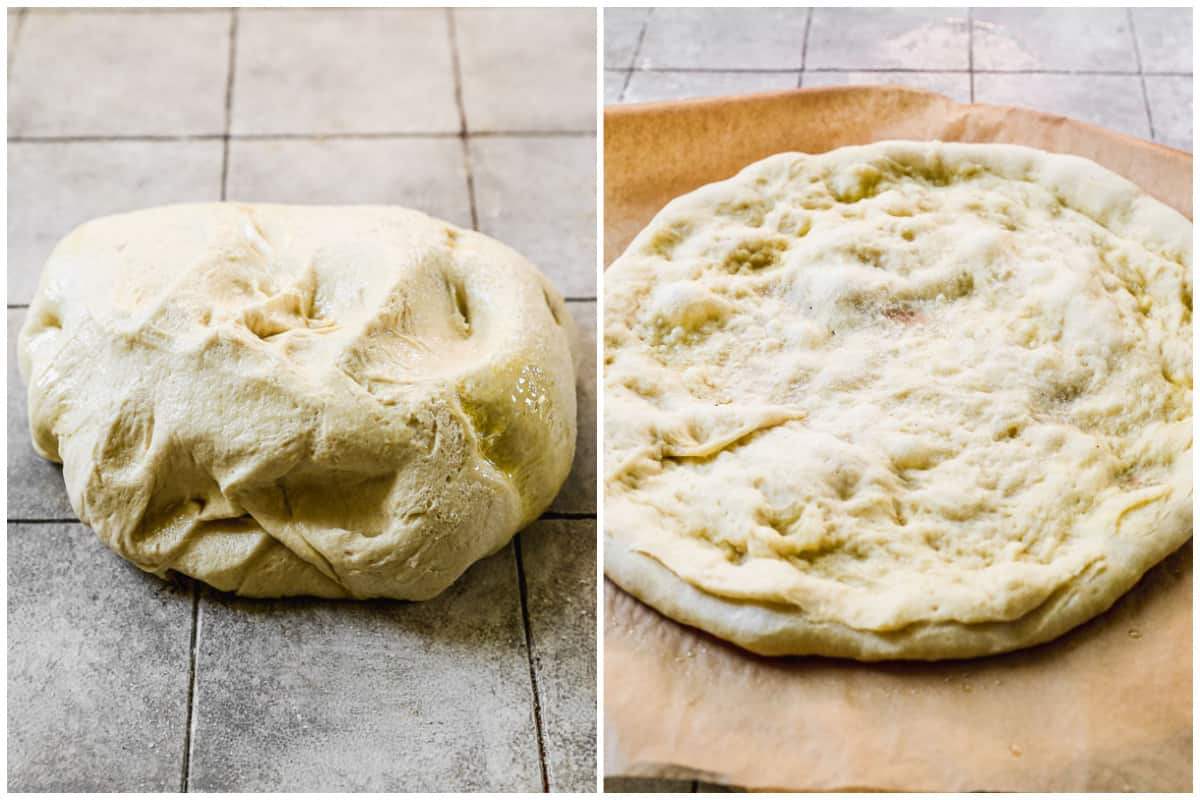 Two images showing homemade pizza dough in a ball, and after it's rolled out and brushed with olive oil.
