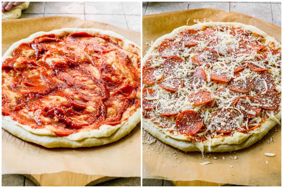 Two images showing the pizza crust spread with pizza sauce, then topped with cheese and pepperoni for the best pepperoni pizza.