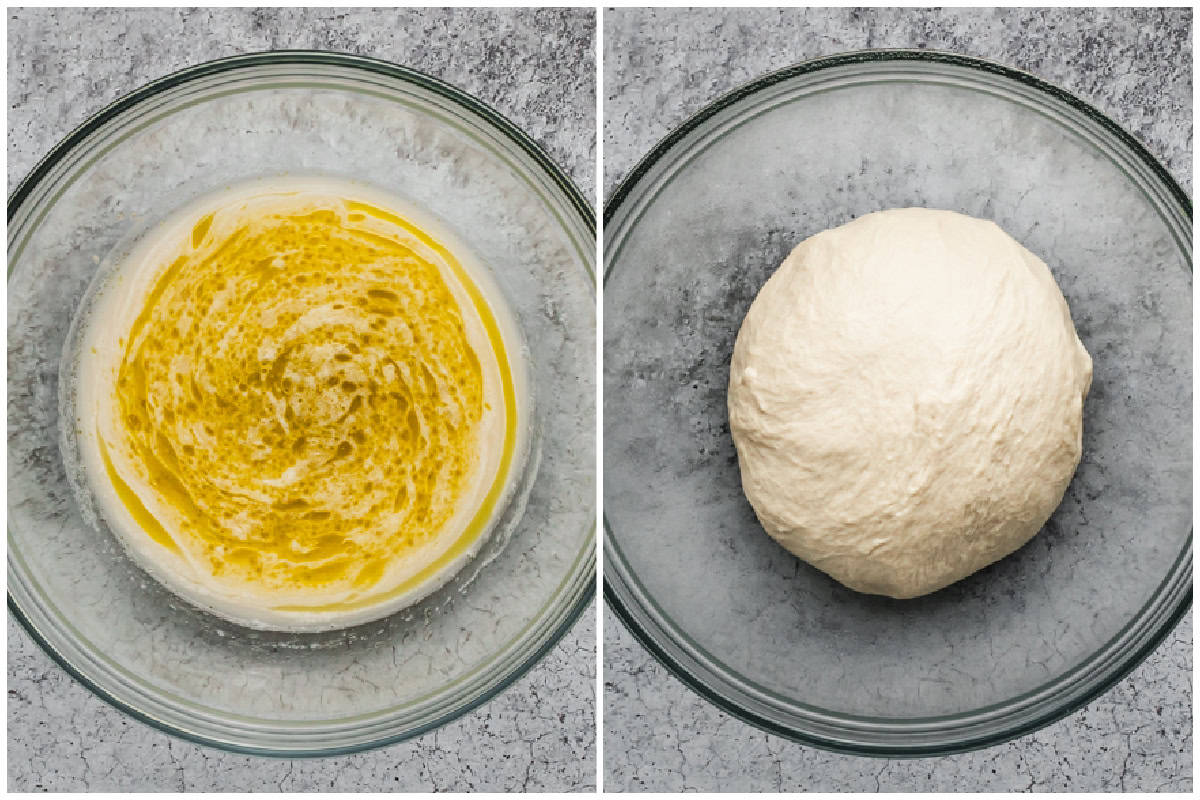 Two images showing how to make pizza dough by combining the activated yeast, salt, water, and oil together then after the flour is added and it's shaped into a ball. 