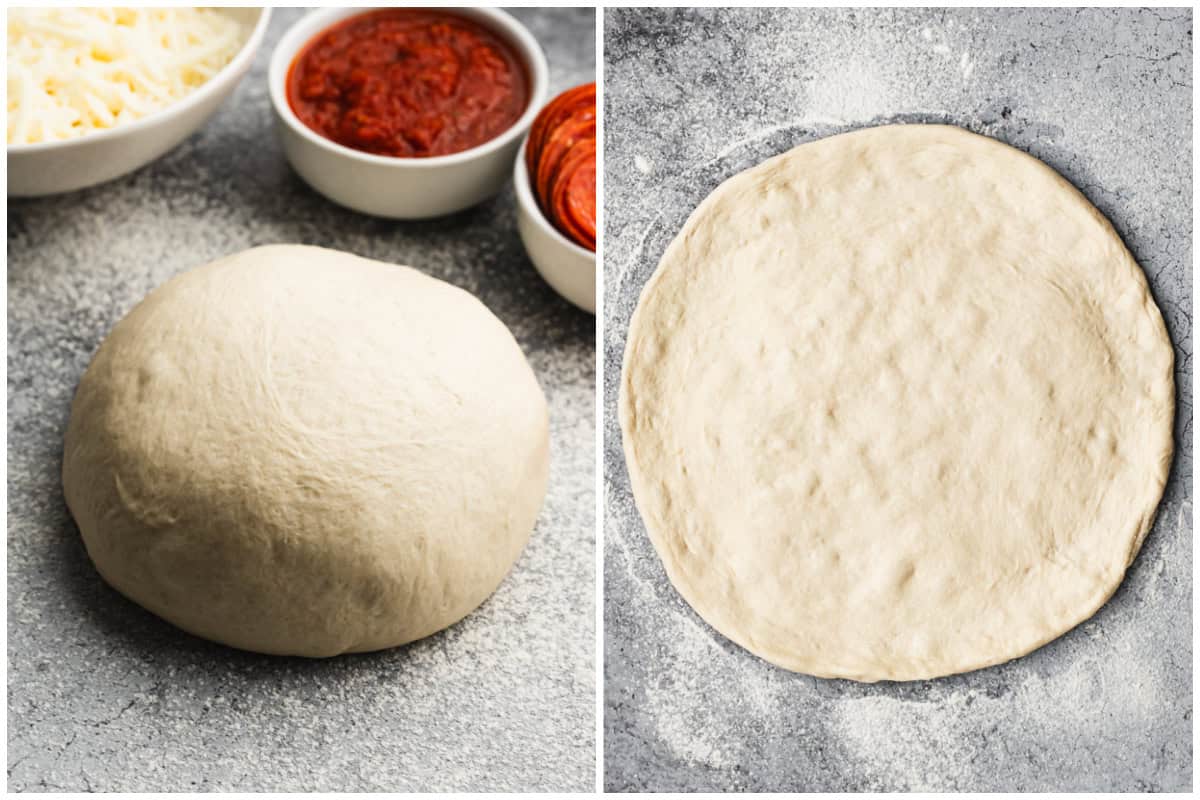 Two images showing the best pizza dough recipe in a ball then after it's rolled out on a floured surface. 