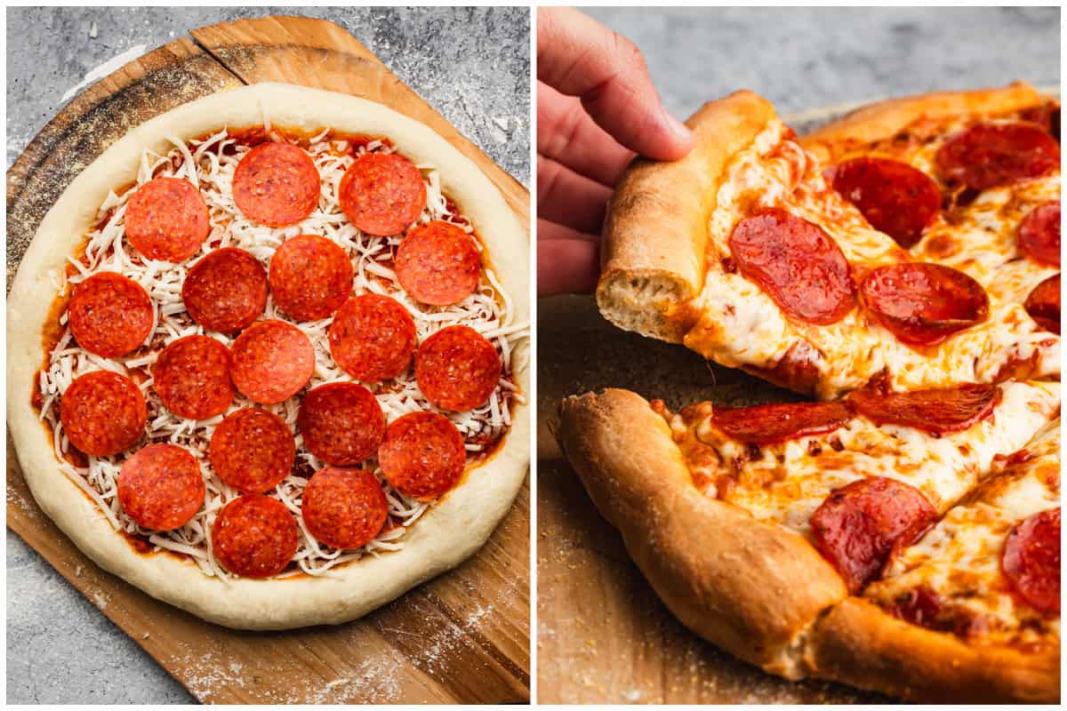 Two images showing an easy pizza crust recipe pre-baked and topped with pizza sauce, mozzarella cheese, and pepperonis then after it's baked and a slice is being picked up. 