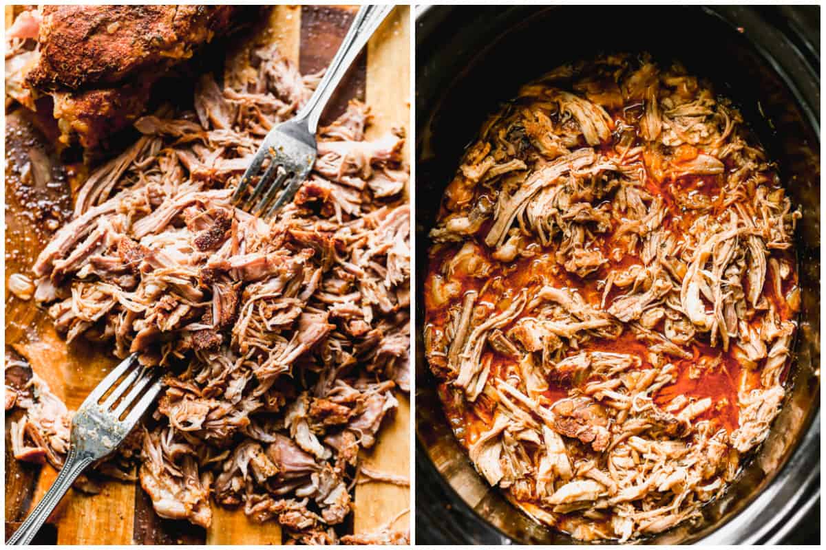 Two images showing a pork roast shredded then returned back to the slow cooker for easy carnitas tacos.