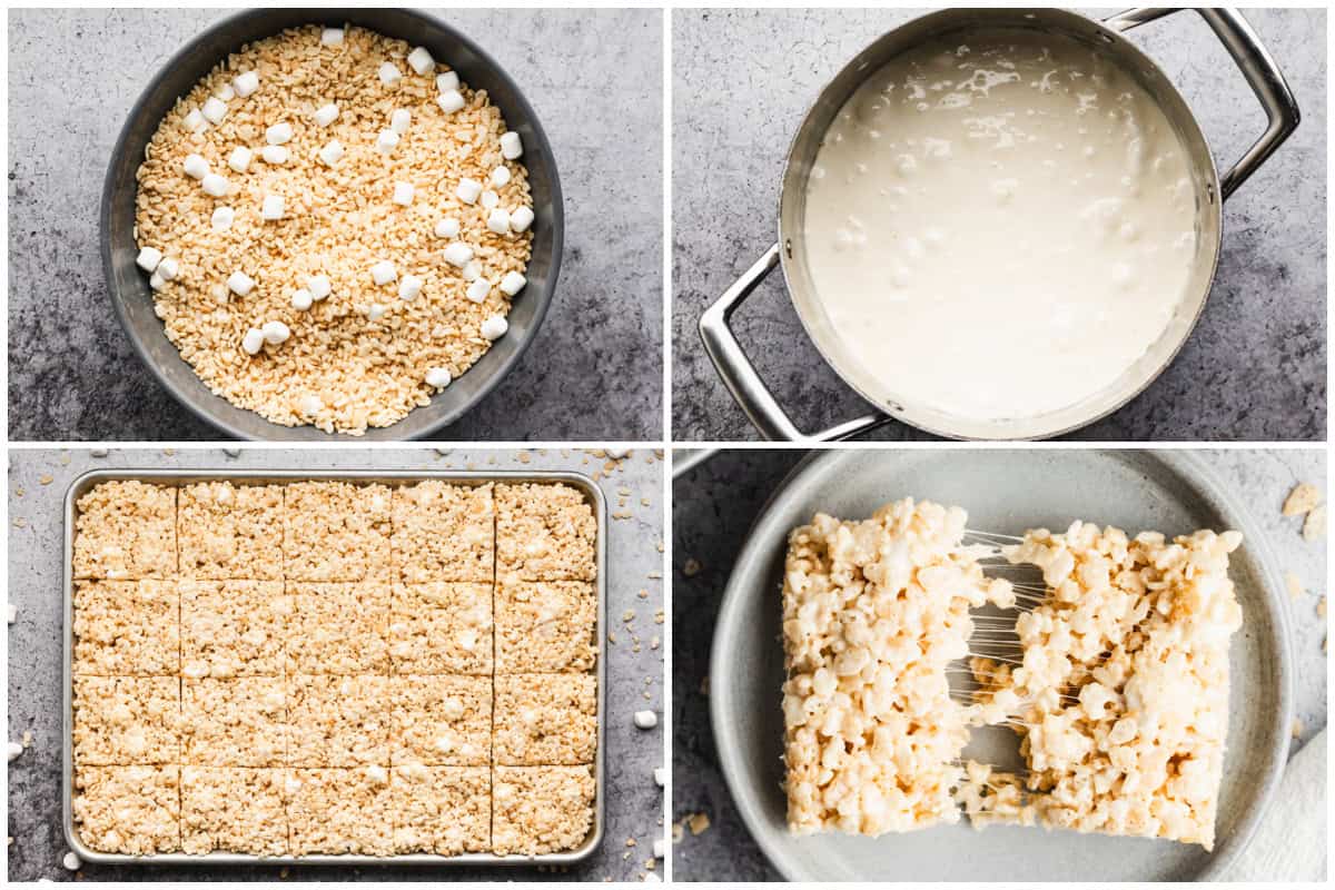 Four images showing how to make rice krispie treats by melting the butter and marshmallows then pouring over rice krispie cereal and marshmallows then pressing into a pan. 