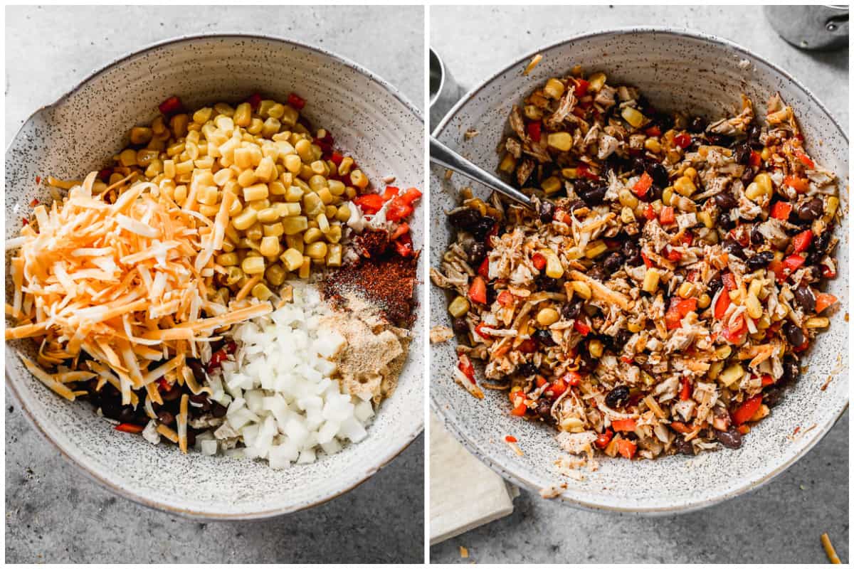 Two images showing the southwest filling including black beans, corn, bell pepper, onion, chicken, and spices for egg rolls in a bowl, and then mixed together.