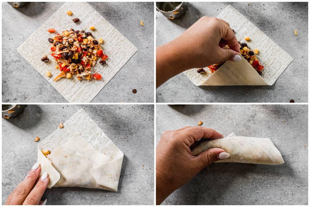 Four images showing how to fold and wrap an egg roll using an egg roll wrapper.