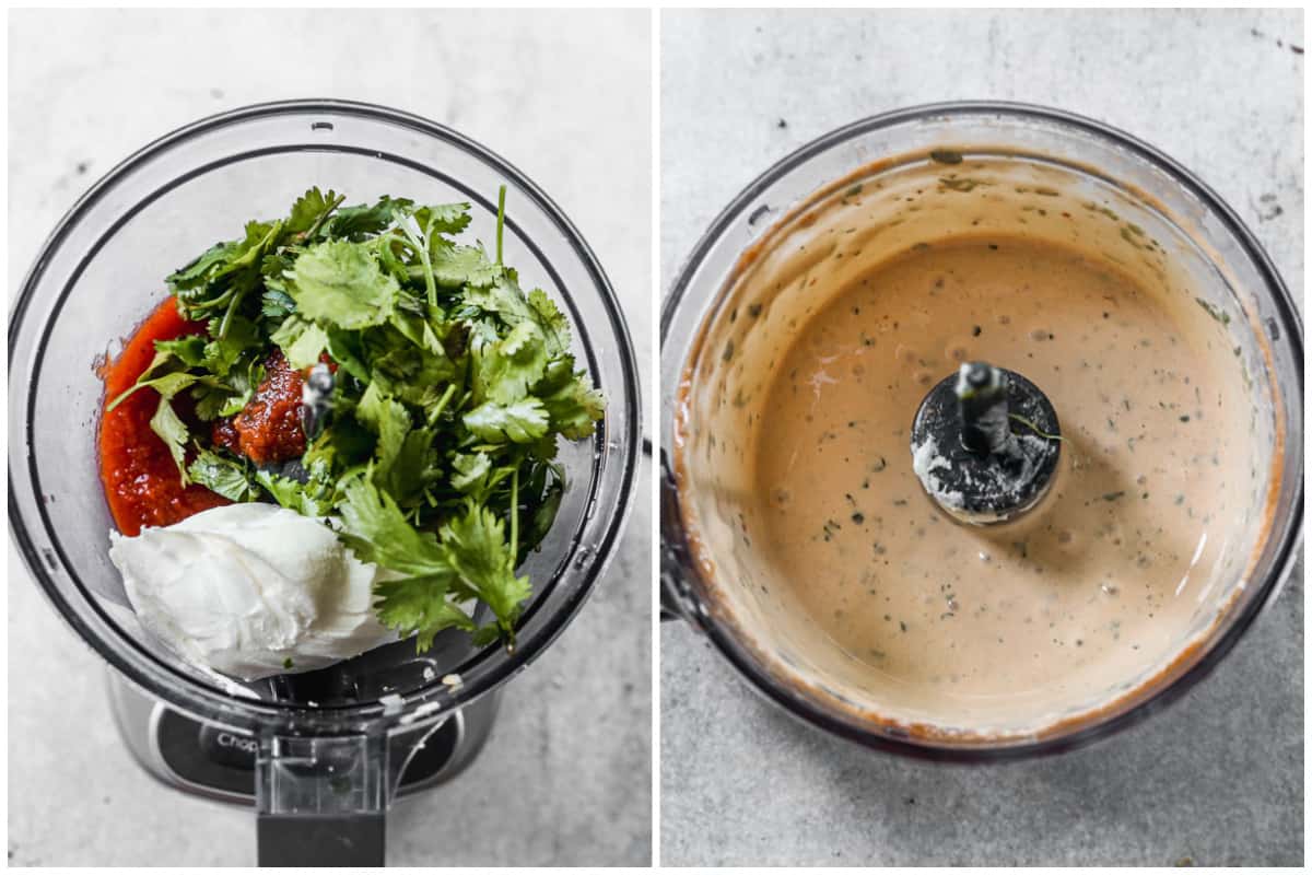 Two images showing the ingredients for a creamy cilantro dressing including cream cheese, cilantro, salsa, and sour cream in a food processor before and after its mixed.