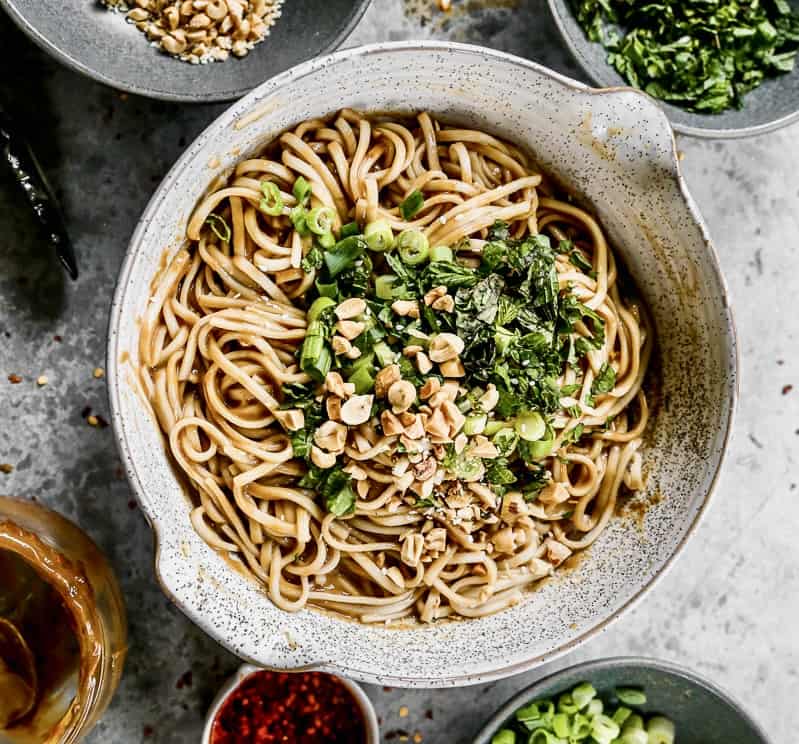 Homemade Peanut Noodles served in a bowl.