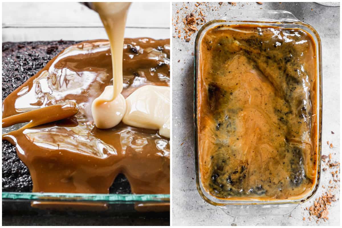 Two images showing caramel and sweetened condensed milk being poured on a chocolate poke cake, then the cake with both of the sauces spread on top.