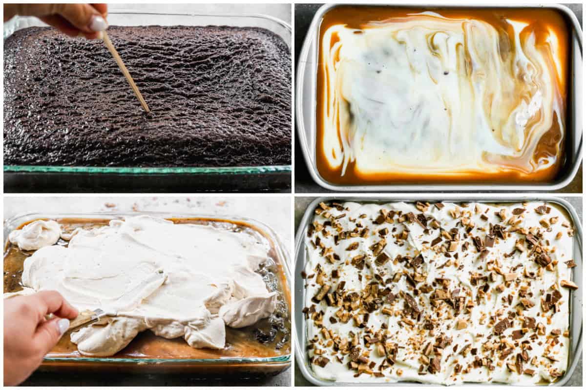 This Better Than Sex Cake recipe is easier than you think by poking a chocolate cake with a wooden skewer then drizzled with caramel and sweetened condensed milk. We top it with whipped cream and chopped candy bar. It's delicious!