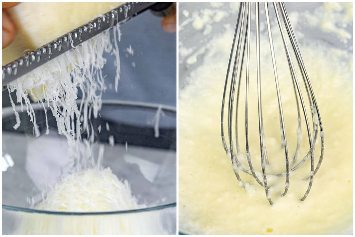 Two images showing pecorino cheese being grated into a bowl, then pasta water added to make a creamy sauce.