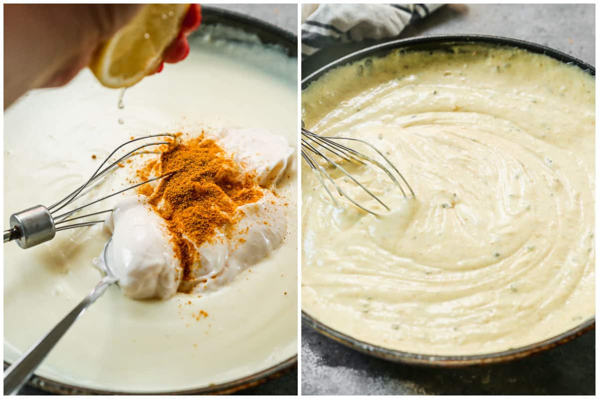 Two images showing how to make a delicious and creamy homemade sauce for Chicken Divan.