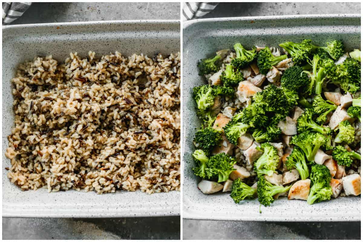 Two images showing wild rice in the bottom of a casserole dish, then chopped chicken and broccoli on top for Broccoli Chicken Divan.