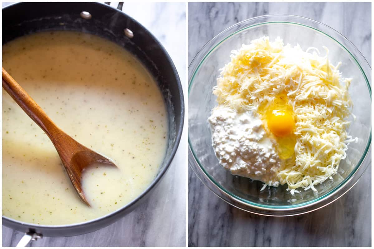 Two images showing a creamy homemade sauce in a sauce pan, and a glass bowl filled with mozzarella cheese, cottage cheese, parmesan cheese, and an egg on top.