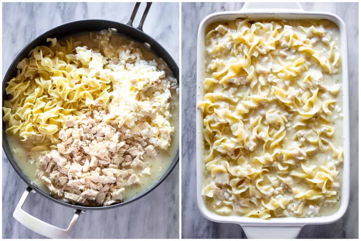 Two images showing an old fashioned chicken and egg noodles recipe with all the ingredients combined in a pot, and then poured in a 9x13 baking dish.